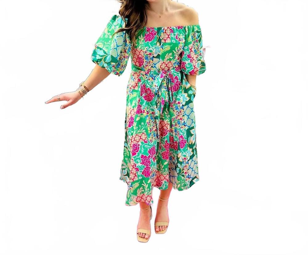 NEW JADE garden quilt off-shoulder flared midi dress in green
